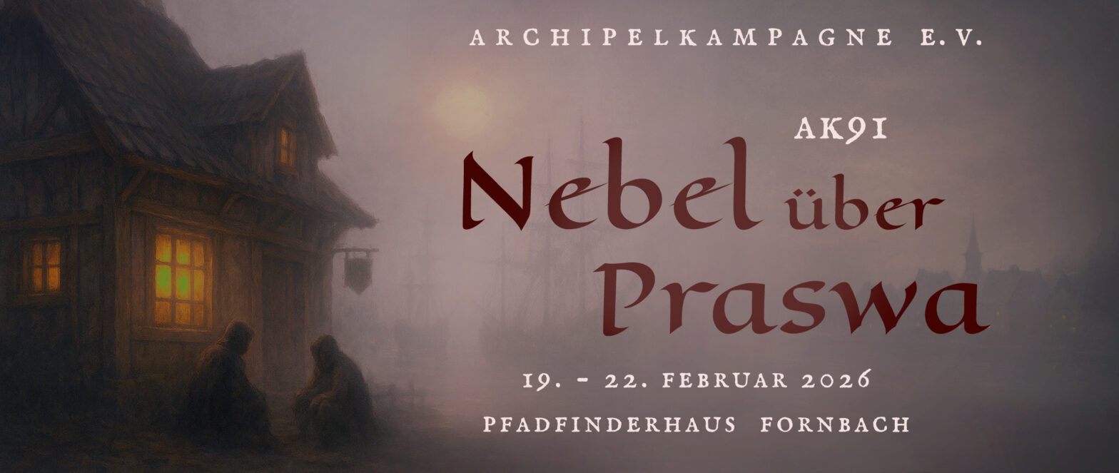 Dekoratives Bild mit dem Schriftzug "Nebel über Praswa". Es zeigt eine Hafentaverne in dichtem Nebel.