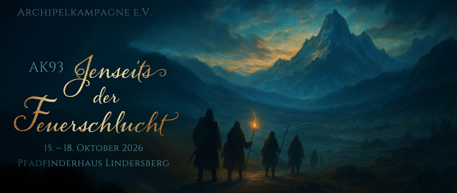 Dekoratives Bild mit dem Schriftzug "Jenseits der Feuerschlucht". Man sieht eine Gruppe Abenteuer, die auf einen Berg zu wandern.